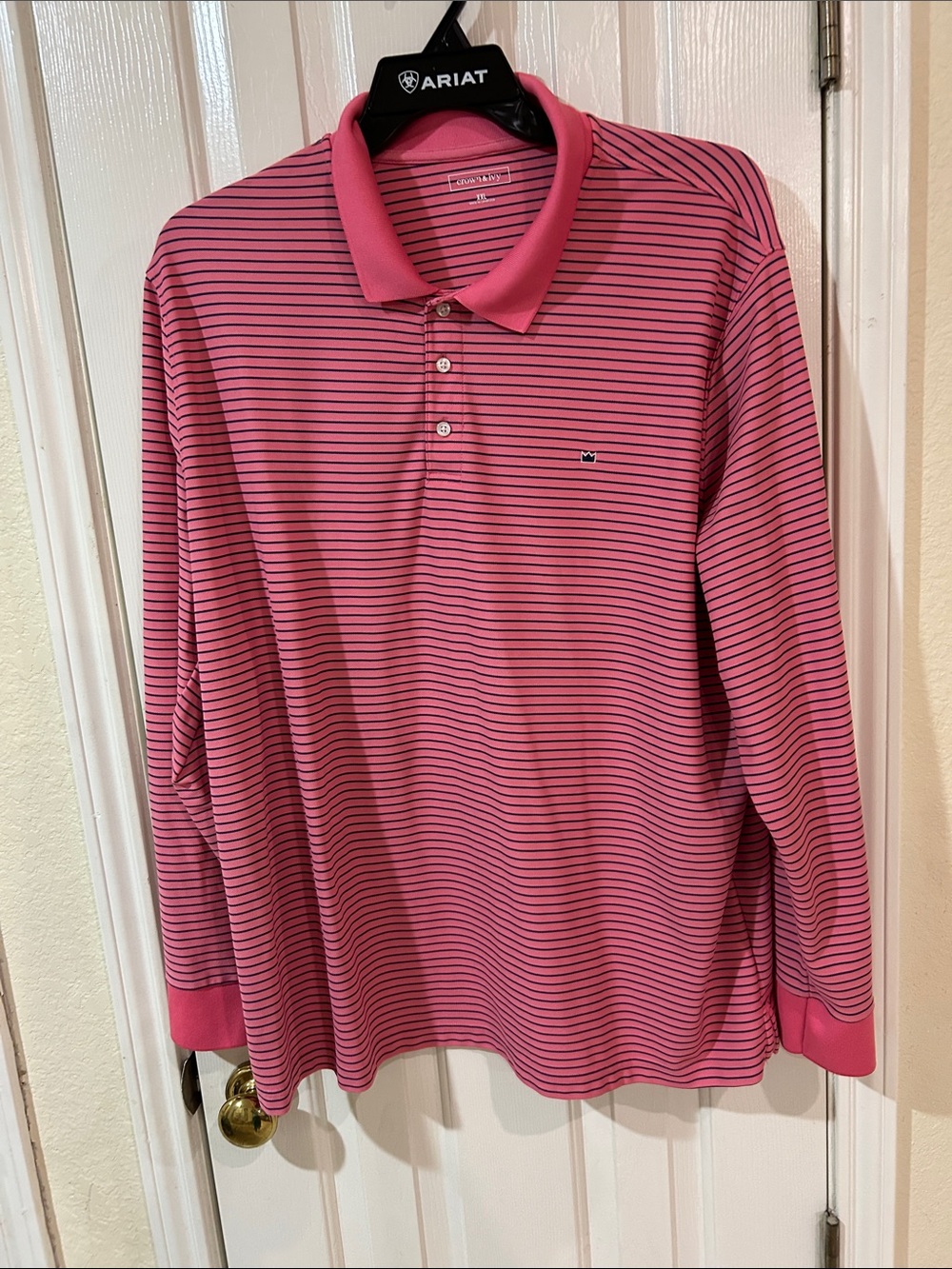 crown & ivy Long-Sleeve Pink Polo with Thin Navy Stripes